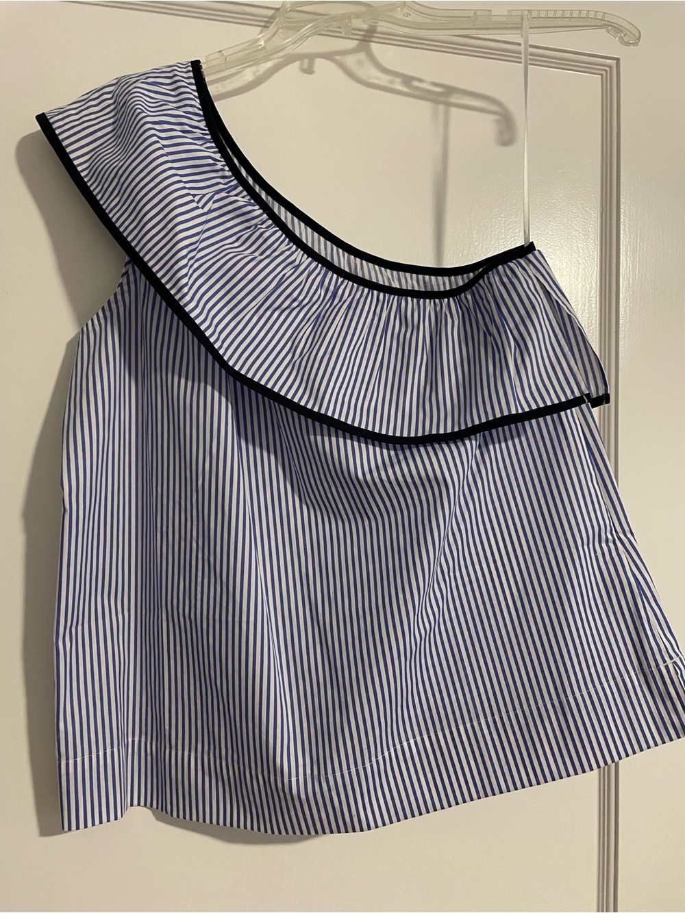 NWT JCrew Blue & White Striped One-Shoulder Ruffle Top. Size 2.